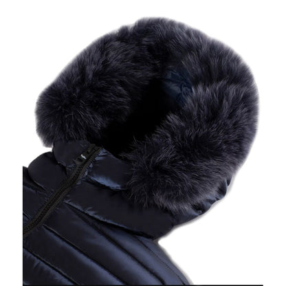 Blue Nylon Women Jacket with Feather Padding and Fur Hood