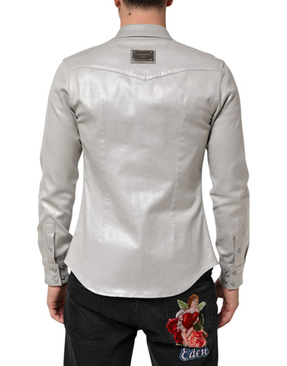 Metallic Gray Cotton Button Down Men Shirt