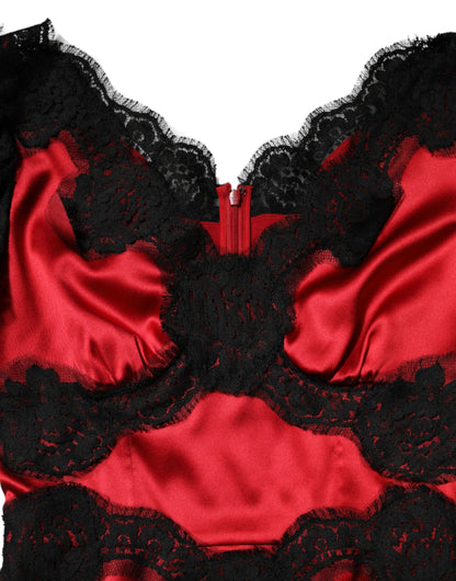 Red Black Silk Lace Mini Short Sleeve Dress
