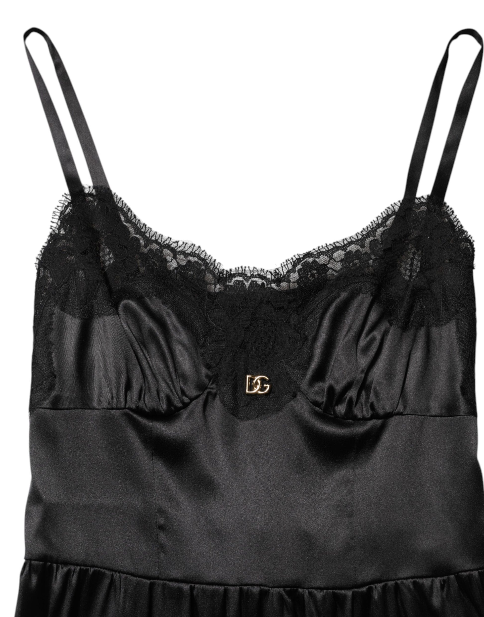 Black Silk Blend Lace Trim Sleeveless Mini Dress