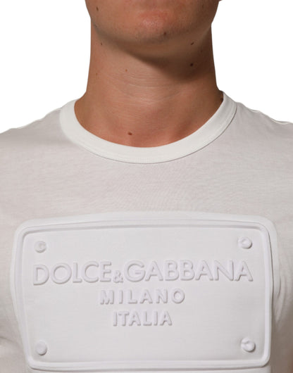 White Logo Patch Cotton Crew Neck Men T-shirt