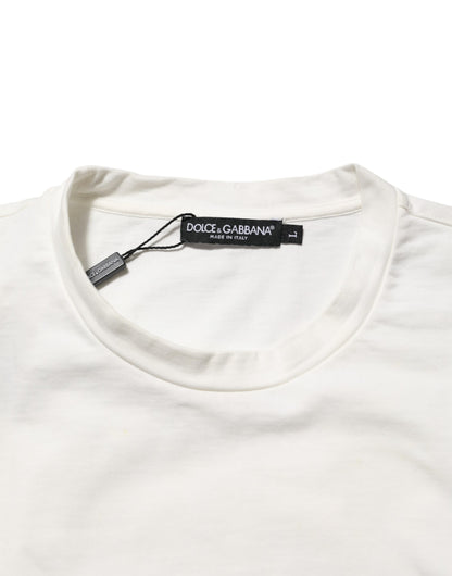 White Cotton Logo Print Crew Neck Men T-shirt